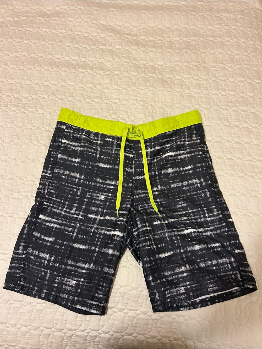 Men's Black Patterned Swim Board Shorts with Neon Yellow Waist